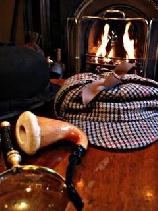 Medium Size Sherlock Holmes Hat, gloves, fireplace photo